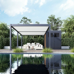 Pergola bioclimatique autoportante en alu anthracite - lames blanches - 4x6m + abri 6m² - Ombrea VS
