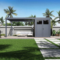 Pergola bioclimatique autoportante motorisée en alu anthracite 3x4m + abri 6m² - ELMO - Ombrea