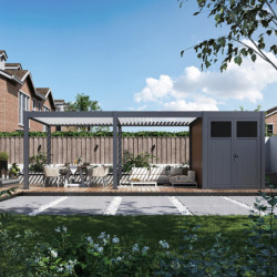 Pergola bioclimatique autoportante motorisée en alu anthracite - lames blanches - 4x6m + abri 8m² - ELMO - Ombrea