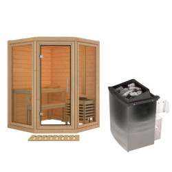 Sauna traditionnel d'angle 2 à 3 places - 38mm - sans couronne - poêle ctrl intégré - porte en verre clair - Yuma - KARIBU