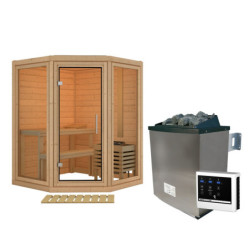 Sauna traditionnel d'angle 2 à 3 places - 38mm - sans couronne - poêle ctrl externe - porte en verre clair - Yuma - KARIBU