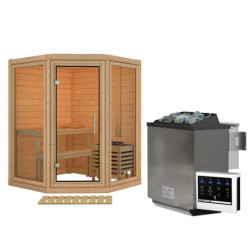 Sauna d'angle 2 à 3 places - 38mm - sans couronne - poêle Easy Bio ctrl externe - porte en verre clair - Yuma - KARIBU