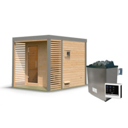 Sauna d'extérieur 4 à 5 places - parois 38mm - avec terrasse - poêle ctrl externe - Ares 2 - KARIBU
