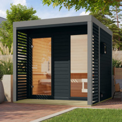 Sauna d'extérieur en bois anthracite 4 à 5 places - parois 38mm - avec terrasse - sans poêle - Ares 2 - KARIBU