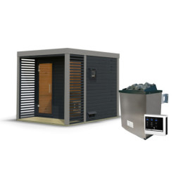 Sauna d'extérieur en bois anthracite 4 à 5 places - parois 38mm - avec terrasse - poêle ctrl externe - Ares 2 - KARIBU	