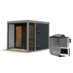 Sauna d'extérieur en bois anthracite 4 à 5 places - parois 38mm - avec terrasse - poêle Easy Bio ctrl externe - Ares 2 - KARIBU