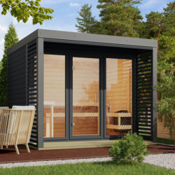 Sauna d'extérieur en bois anthracite 6 à 8 places - parois 38mm - avec terrasse - sans poêle - Ares 3 - KARIBU