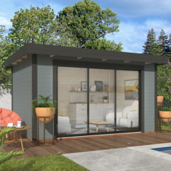 Bureau de jardin en bois gris 11,12m² Lydia - madriers 28mm - WhiteWood