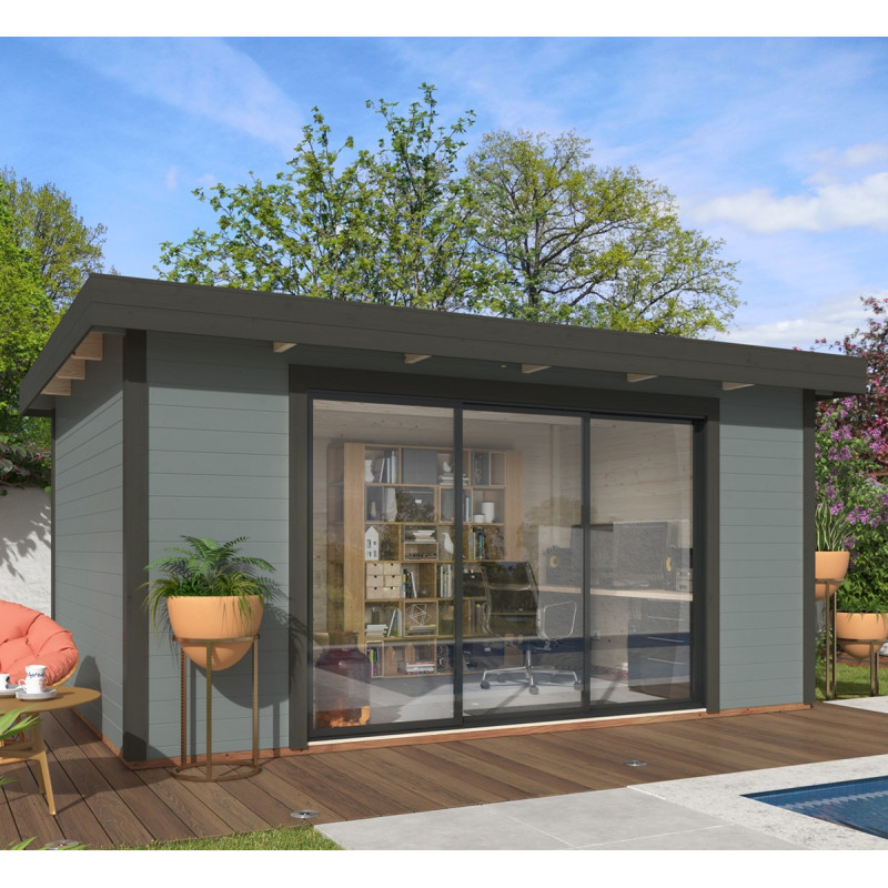 Bureau de jardin en bois gris 14,85m² Lydia - madriers 28mm - WhiteWood