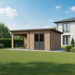 Abri de jardin + terrasse toit monopente en bois composite 28mm aspect bois 16,8m² PREMIUM - Woodlife Garden