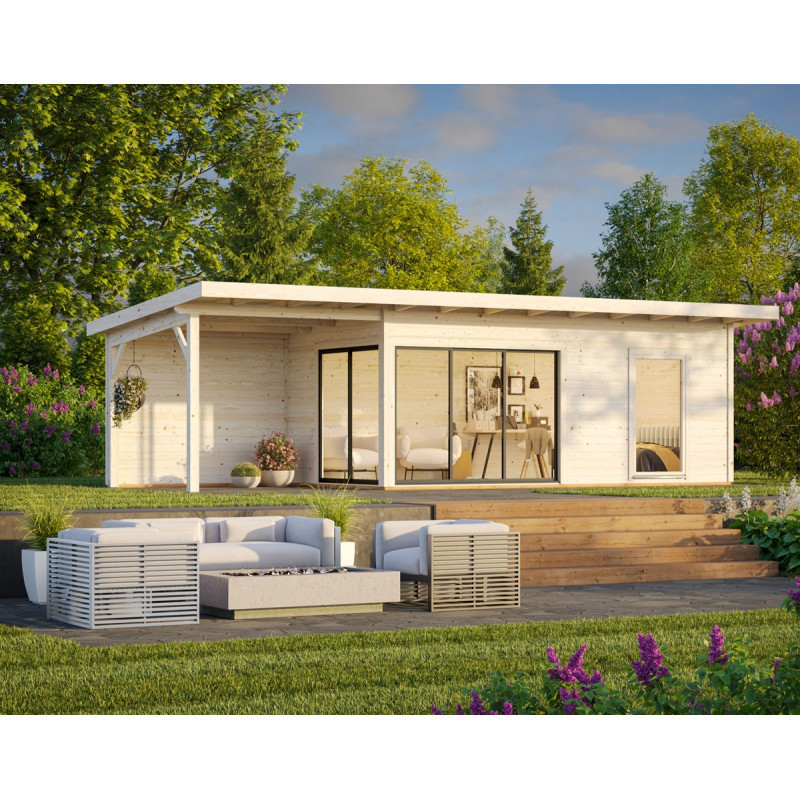 Bureau de jardin en bois brut 17,85m² Andrea avec terrasse 9,09m² - madriers 44mm - Palmako
