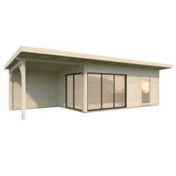 Bureau de jardin en bois brut 17,85m² Andrea avec terrasse 9,09m² - madriers 44mm - Palmako