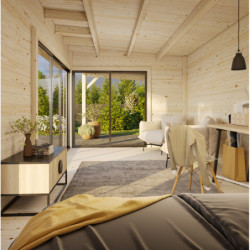 Bureau de jardin en bois brut 17,85m² Andrea avec terrasse 9,09m² - madriers 44mm - Palmako