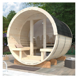 Sauna tonneau Anita - 2 à 4 places - bois massif 42mm - façade vitrée - poêle inclus - Palmako