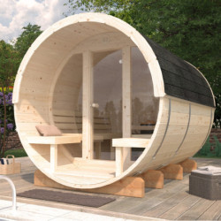 Sauna tonneau Anita - 4 à 6 places - bois massif 42mm - façade vitrée - poêle inclus - Palmako
