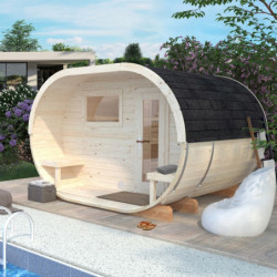 Sauna tonneau Anette avec vestibule - 5 à 6 places - bois massif 42mm - poêle inclus - Palmako