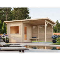 Sauna Sanna avec terrasse 5,9m² - 2 à 4 places - bois massif 44mm - poêle inclus - Palmako