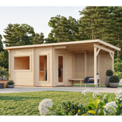 Sauna Sanna avec vestibule et terrasse 5,9m² - 2 à 4 places - bois massif 44mm - poêle inclus - Palmako