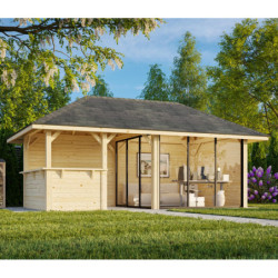 Pavillon de jardin en bois brut 17,64m² avec terrasse et comptoir Bianca - madriers 28mm - Palmako