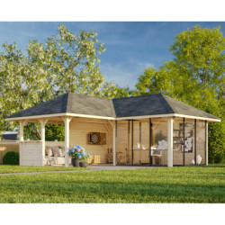 Pavillon de jardin en bois brut 34,6m² Bianca - madriers 28mm - terrasse avec comptoir - Palmako