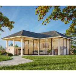 Pavillon de jardin en bois brut 34,6m² Bianca - madriers 28mm - petite terrasse - Palmako