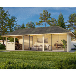 Pavillon de jardin en bois brut 34,6m² Bianca - madriers 28mm - terrasse 9m² avec comptoir - Palmako