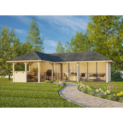 Pavillon de jardin en bois brut 51,5m² Bianca - madriers 28mm - terrasse avec comptoir - Palmako