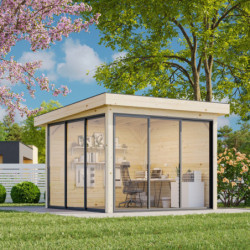 Pavillon de jardin en bois brut 9m² Lenna - madriers 28mm - baies vitrées - Palmako