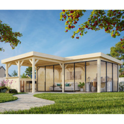 Pavillon de jardin en bois brut 34,6m² Lenna - madriers 28mm - terrasse 9m² avec comptoir - Palmako