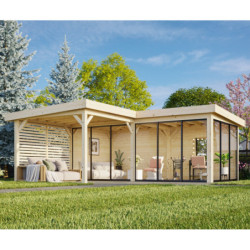 Pavillon de jardin en bois brut 34,6m² Lenna - madriers 28mm - terrasse 9m² avec parois à ventelles - Palmako