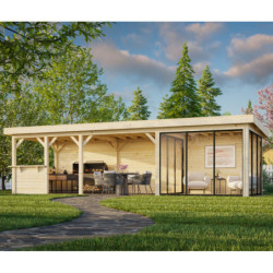 Pavillon de jardin en bois brut 876x300cm Lenna - madriers 28mm - terrasse 17,64m² avec comptoir - Palmako
