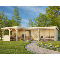 Pavillon de jardin en bois brut 876x588cm Lenna - madriers 28mm - terrasse 17,64m² avec comptoir - Palmako