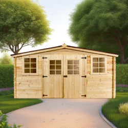 Abri en bois massif 12m² – madriers 28mm + couverture plaques ondulées
