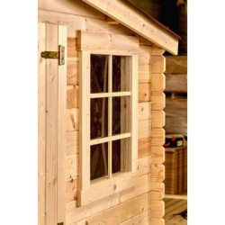 Abri en bois massif 12m² – madriers 28mm + couverture plaques ondulées