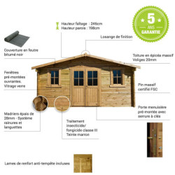 Abri en bois massif 16m² PLUS 28mm traité teinté marron Gardy Shelter