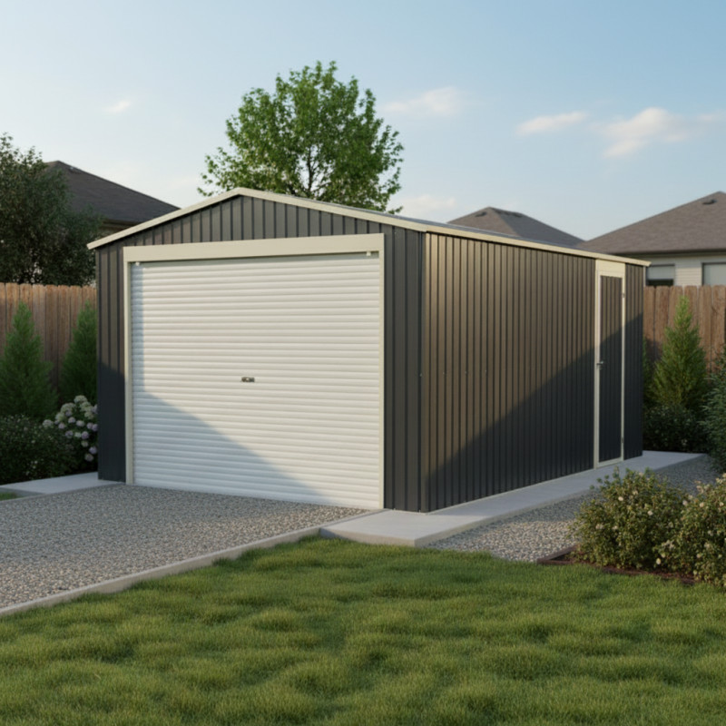 Garage métal anthracite 19,52m² porte enroulable + kit d'ancrage X-METAL