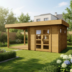 Abri en bois massif 9m² MODERNE traité marron + terrasse Gardy Shelter