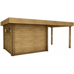 Abri en bois massif 9m² MODERNE traité marron + terrasse Gardy Shelter