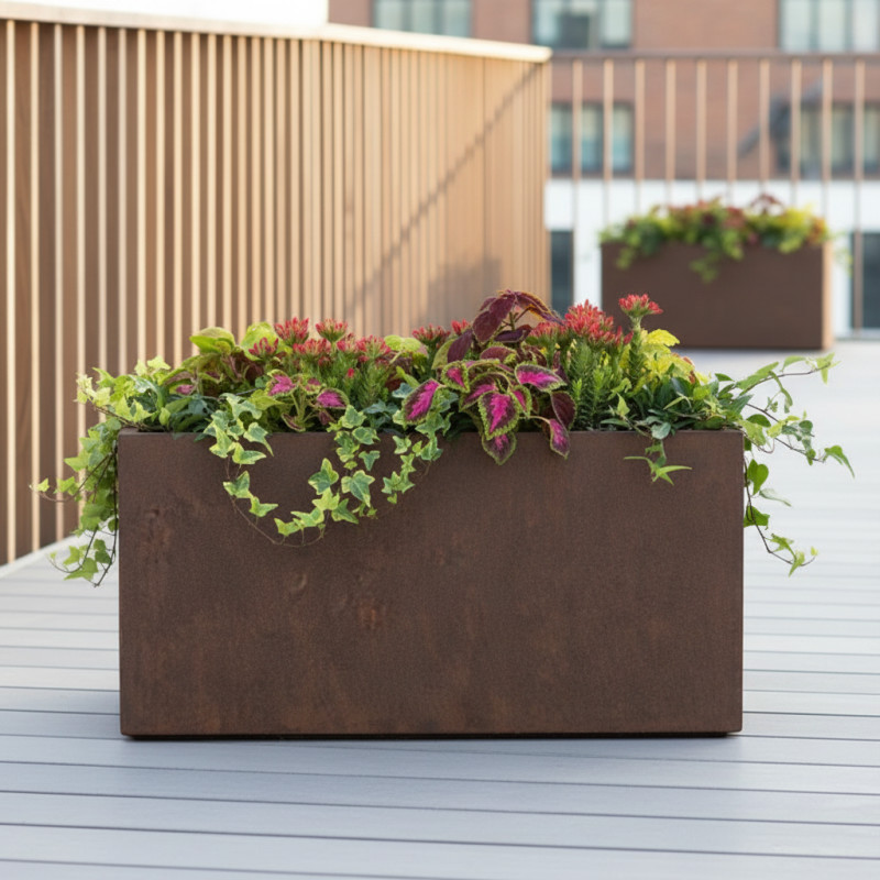 Jardinière en fibre de terre 100x45xH.45cm effet rouille