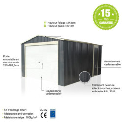 Garage métal PLUS anthracite porte enroulable + kit d'ancrage X-METAL