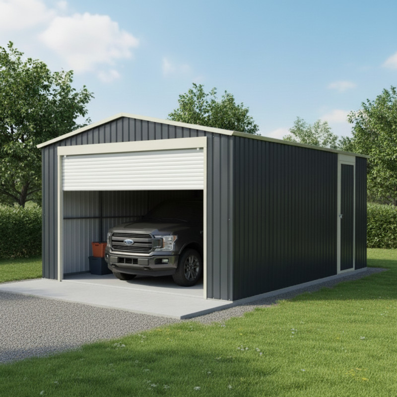 Garage métal anthracite 15,14m² porte enroulable + kit d'ancrage X-METAL