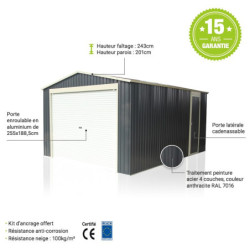 Garage métal PLUS anthracite porte enroulable + kit d'ancrage X-METAL