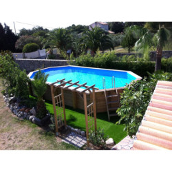 Piscine bois octogonale allongée 400x750cm AZURA toute équipée UBBINK	Piscine bois octogonale allongée 400x750cm AZURA toute équ