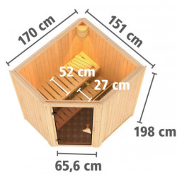 Sauna traditionnel d'angle TAURIN 2 à 3 places 68mm sans couronne - avec porte à économie d'énergie KARIBU
