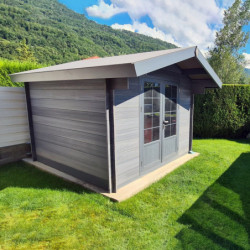 Abri de jardin en bois composite 28mm gris foncé 14,44m² double porte alu et double vitrage - WoodLife
