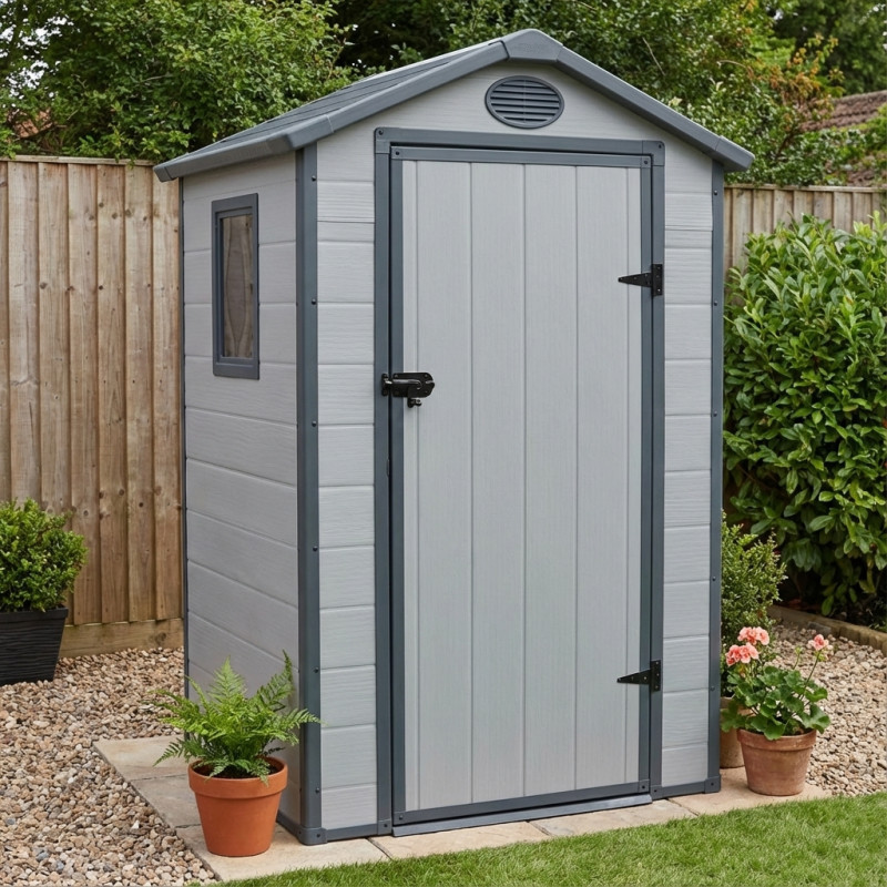 Petit abri de jardin en résine gris 1,34m² + kit de fondation - JOBU