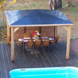 Pool house en bois thermo traité 12,31m² BLUETERM, 1 paroi avec ventelles mobiles - HABRITA