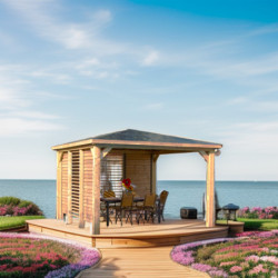 Pool house en bois thermo traité 12,31m² BLUETERM, 2 parois avec ventelles mobiles - HABRITA