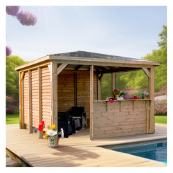 Pool house en bois thermo traité 12,31m² BLUETERM, 2 parois avec ventelles et 2 parois avec comptoirs - HABRITA
