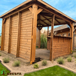 Pool house en bois thermo traité 12,31m² BLUETERM, 2 parois avec ventelles et 2 parois avec comptoirs - HABRITA